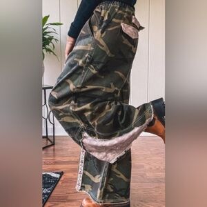 POL Camouflage Wide-Leg Pants with Floral Trim